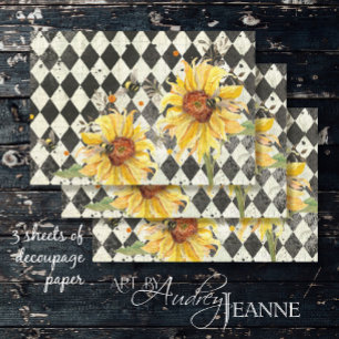 Sunflower w Bees Black Ephemera Left Decoupage Wrapping Paper Sheets