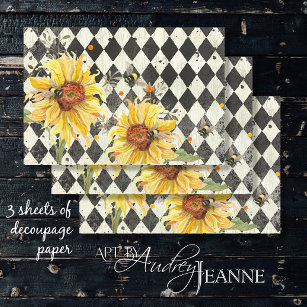 Sunflower w Bees Black Ephemera Right Decoupage  Wrapping Paper Sheets