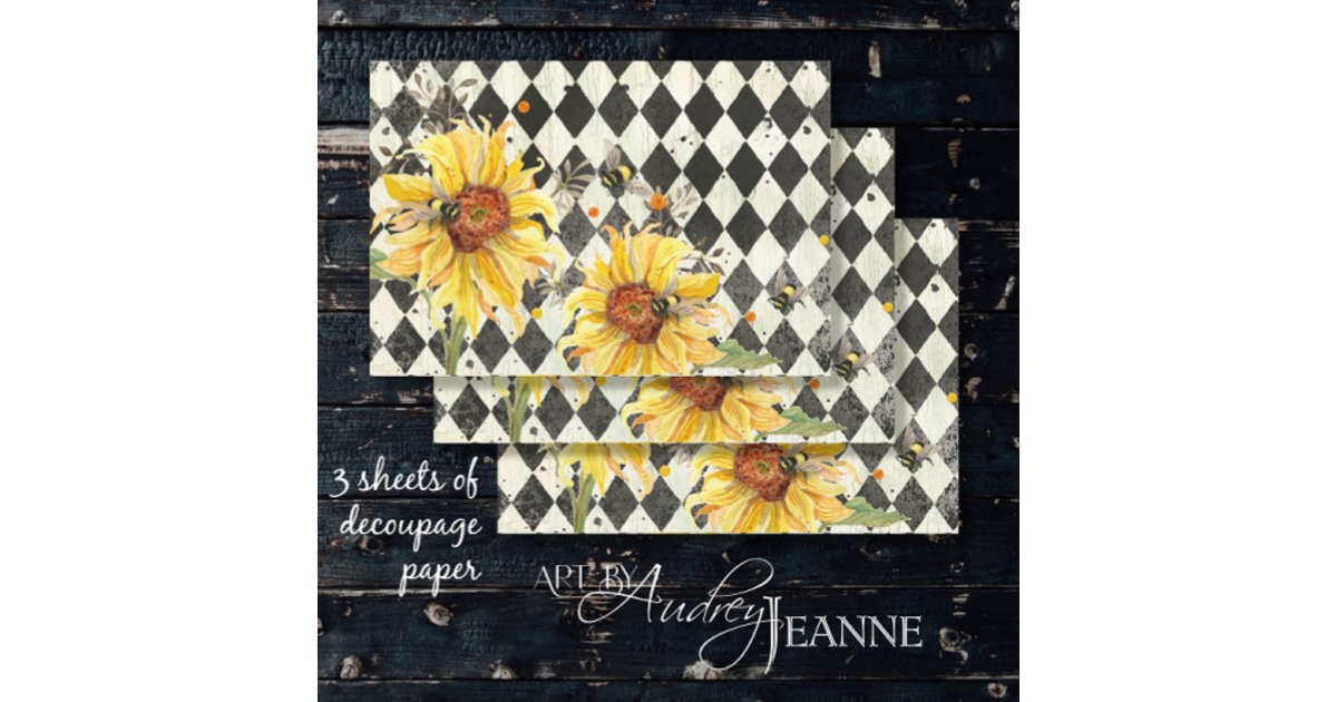 Sunflower w Bees Black Ephemera Right Decoupage Wrapping Paper Sheets ...