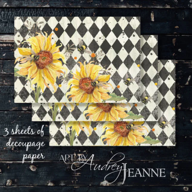 Sunflower w Bees Black Ephemera Right Decoupage Wrapping Paper Sheets ...