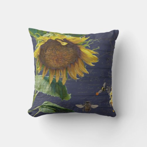 Sunflower w Bees Floral Script Rustic Navy Wood Throw Pillow