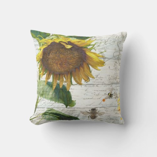 Sunflower w Bees Floral Script Rustic White Wood Throw Pillow