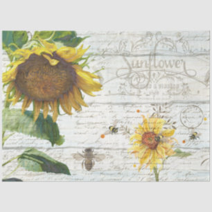 Sunflower w Bees Script Ephemera Rustic Decoupage Tissue Paper