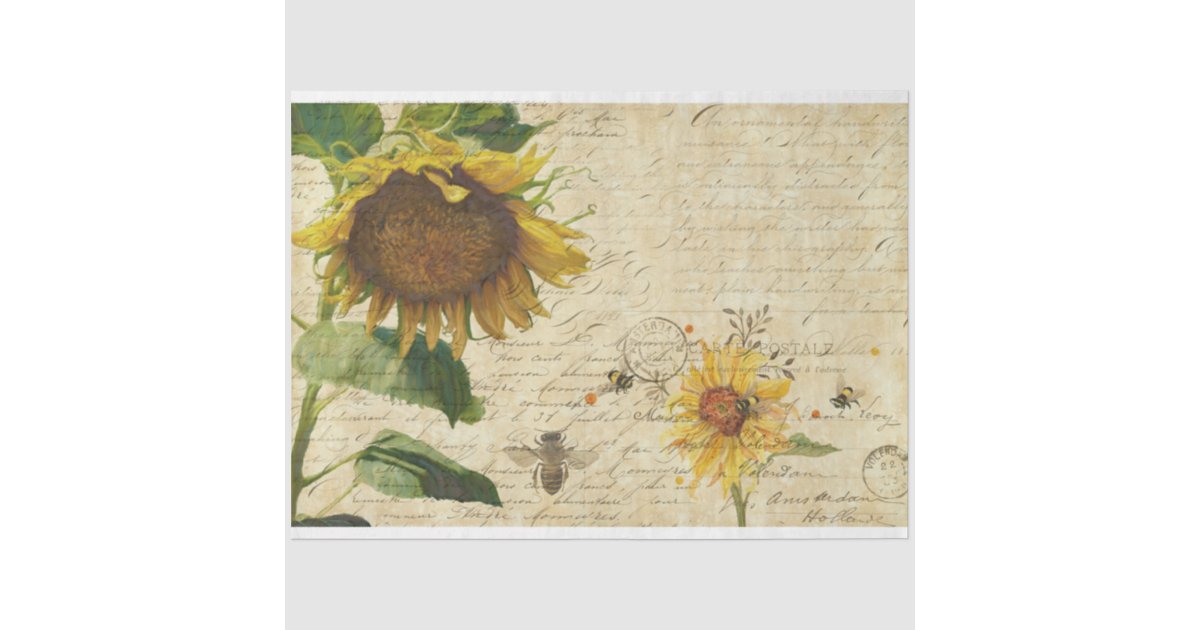 Sunflower w Bees Script Ephemera Vintage Decoupage Tissue Paper | Zazzle