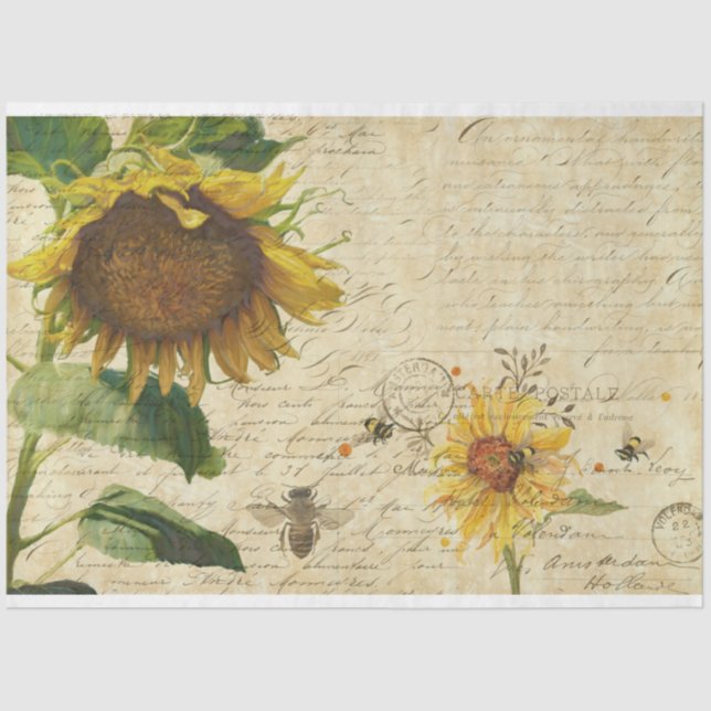 Sunflower w Bees Script Ephemera Vintage Decoupage Tissue Paper (Front)