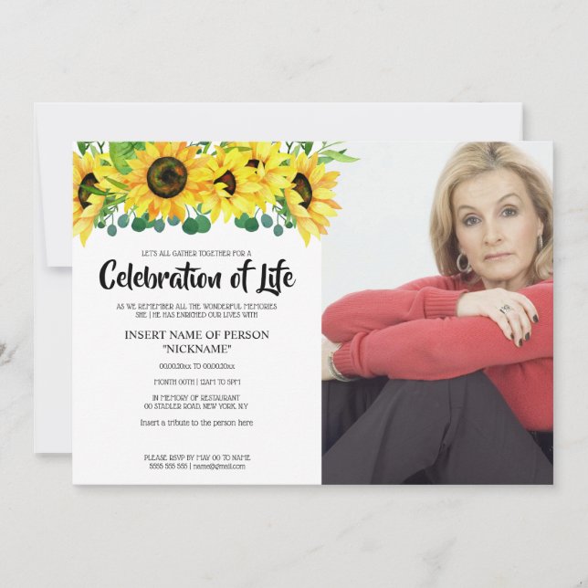 Sunflower wake celebration of life with photo invitation (Front)