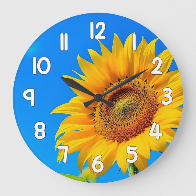 Sunflower Wall Clock Blue Background Floral Decor (Front)