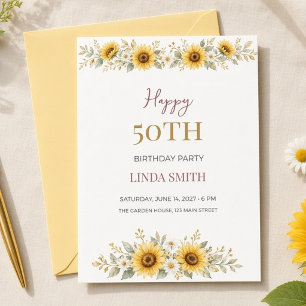 Sunflower Watercolor 50th Birthday Invitation