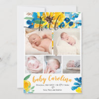 Sunflower watercolor 5 grid photo baby birth announcement