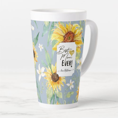 Sunflower Watercolor Best Mom Ever Dusty Blue Latt Latte Mug
