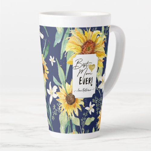 Sunflower Watercolor Best Mom Ever Navy Blue Latte Mug