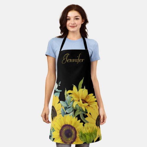 Sunflower Watercolor Black Background Monogram  Apron