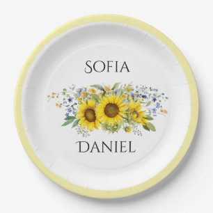 Sunflower watercolor blue wildflower wedding paper plates