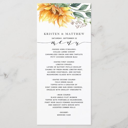 Sunflower Watercolor Botanical Modern Wedding Menu - Are you using sunflowers in your bouquet or in your centerpiece decorations? Then you will love these modern watercolor sunflower wedding menus! The card features a watercolor sunflower cascade on the left and a modern font layout with hand-lettering. These are great for your country weddings, fall weddings, rustic weddings, and anyone who absolutely loves sunflowers.