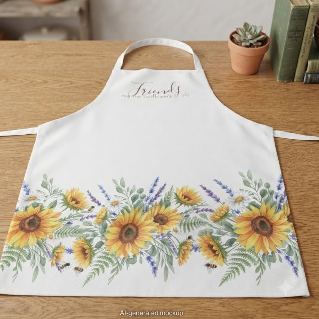 Sunflower Watercolor Botanical Yellow Apron (Watercolor sunflower kitchen apron for a best friend celebrating a friendship milestone.)