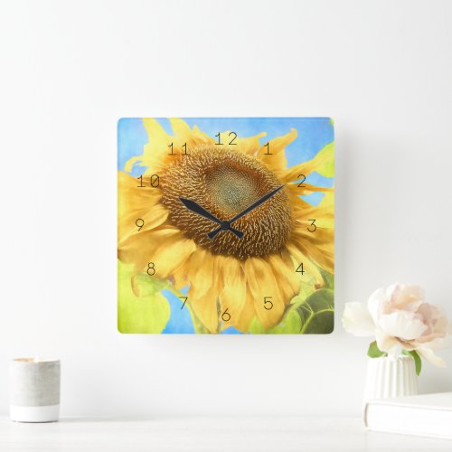 Sunflower Watercolor Country Yellow Blue Rustic Square Wall Clock