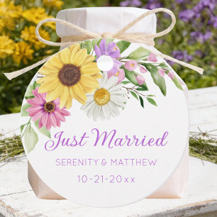 Sunflower Watercolor Daisies Wedding Just Married Favor Tags