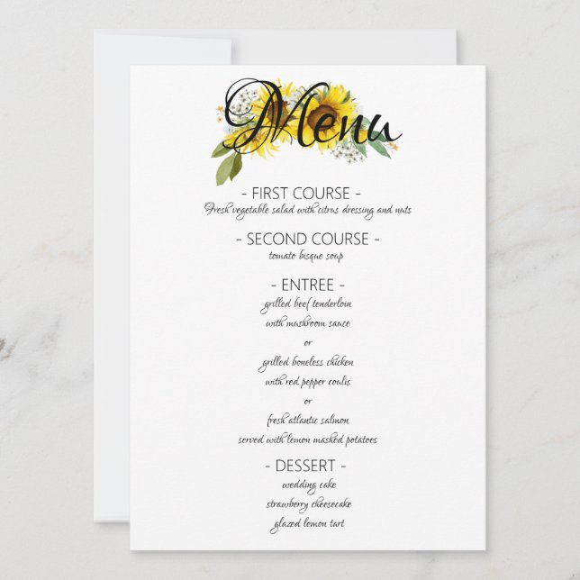 Sunflower watercolor  elegant wedding menu (Front)