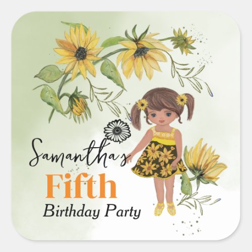 Sunflower Watercolor Fifth Girl Birthday Square Sticker