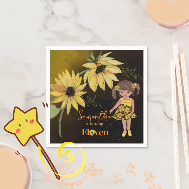  Sunflower Watercolor Fifth Girl Black Birthday Napkins (Sunflower Watercolor Fifth Girl Black Birthday Napkins)