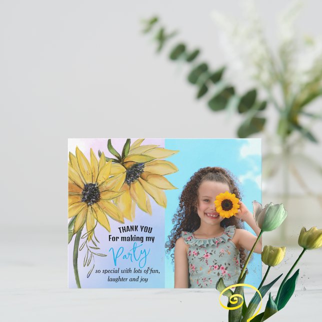  Sunflower Watercolor Fifth Girl Photo Birthday  Thank You Card (Sunflower Watercolor Fifth Girl Photo Birthday Thank You Card)