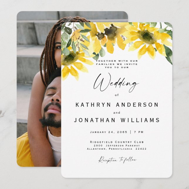 Sunflower Watercolor Floral Couple Photo Wedding Invitation (Front/Back)