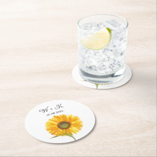 Sunflower Watercolor Floral Fall Elegant Wedding  Round Paper Coaster