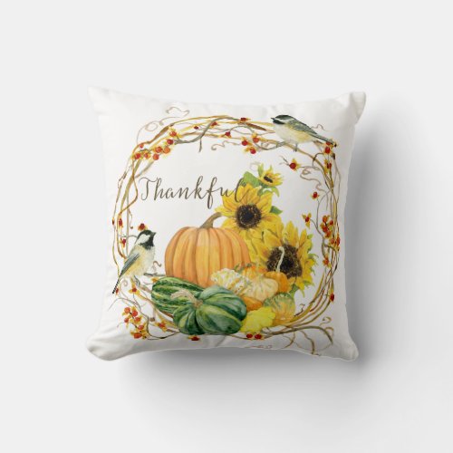 Sunflower Watercolor Floral Fall Pumpkins n Birds Throw Pillow