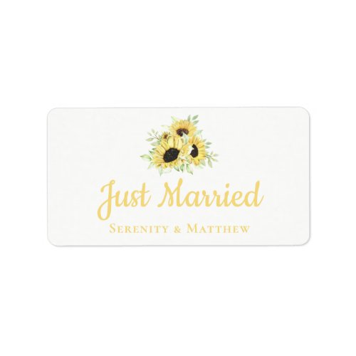 Sunflower Watercolor Floral Just Married Wedding Label