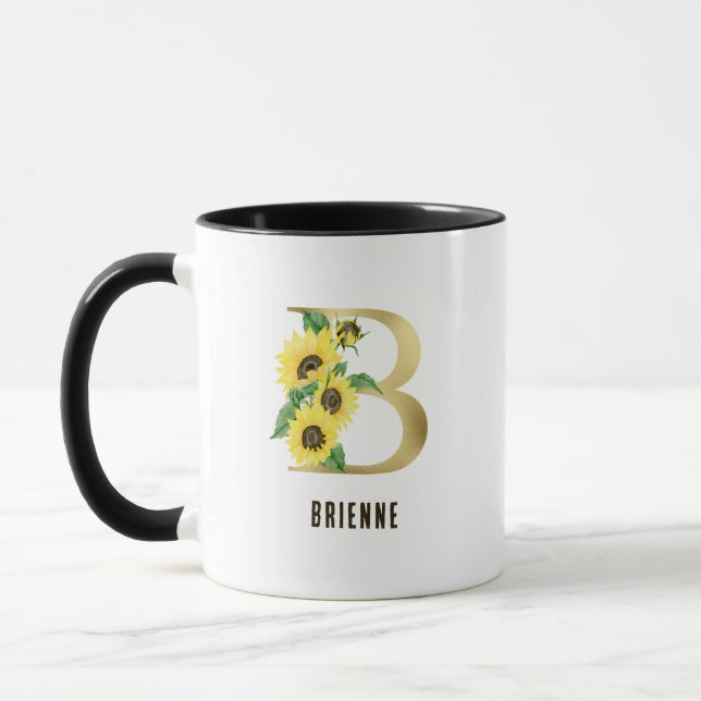 Sunflower Watercolor Floral Letter B Monogram Mug (Left)