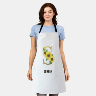 Sunflower Watercolor Floral Letter S Monogram Apron