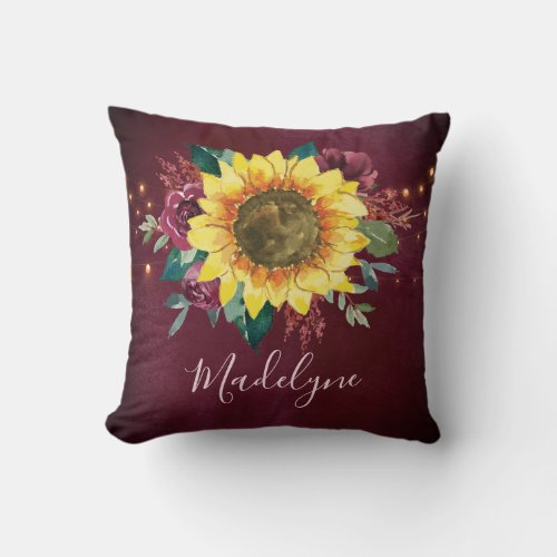 Sunflower Watercolor Floral Lights Burgundy Throw Pillow