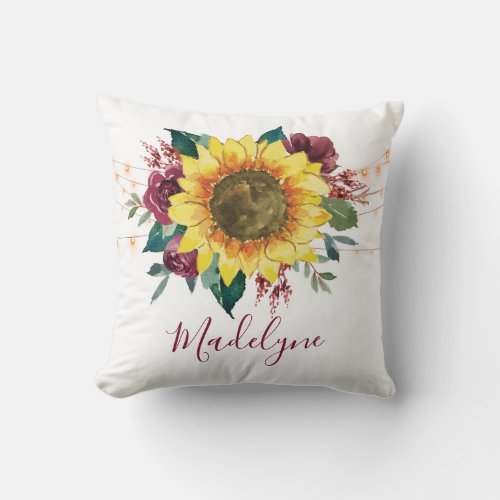 Sunflower Watercolor Floral Lights Throw Pillow