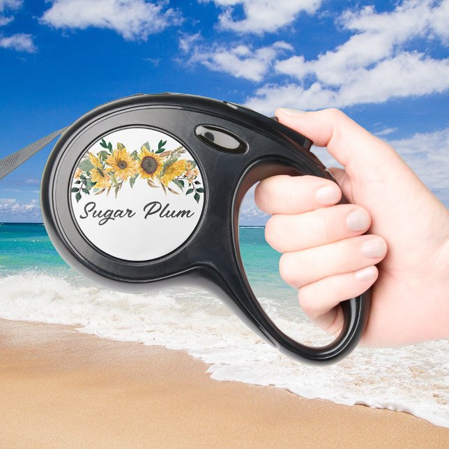 Sunflower Watercolor Floral Monogram Retractable Pet Leash (Creator Uploaded)