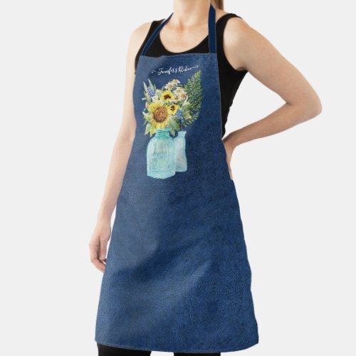 Sunflower Watercolor Floral Navy Blue White w Name Apron