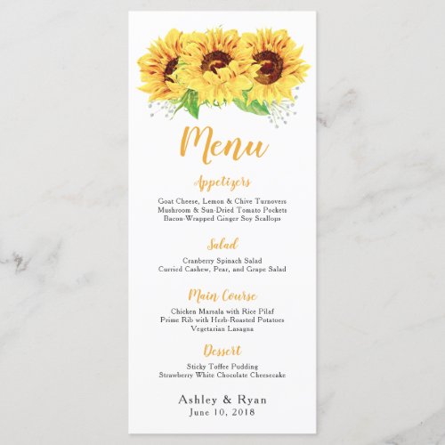 Sunflower Watercolor Floral Wedding Menu