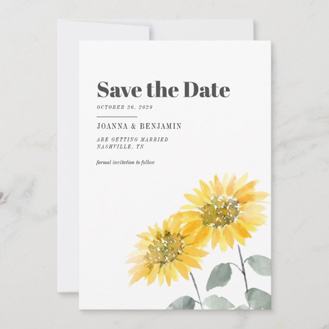 Sunflower Watercolor Floral Wedding Save The Date (Front)