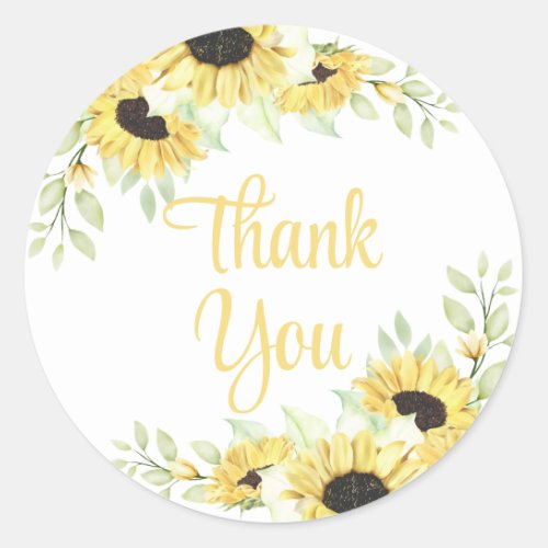 Sunflower Watercolor Floral Wedding Thank You Classic Round Sticker