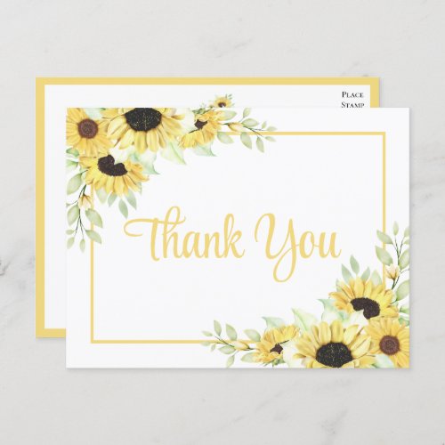 Sunflower Watercolor Floral Wedding Thank You Postcard