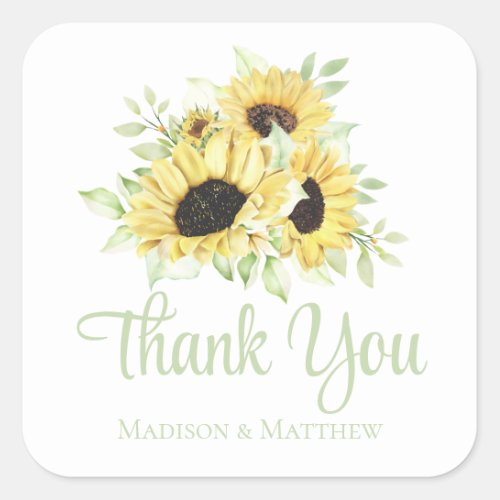 Sunflower Watercolor Floral Wedding Thank You Square Sticker