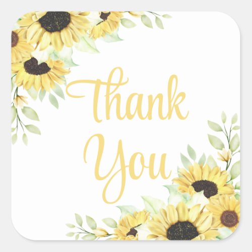 Sunflower Watercolor Floral Wedding Thank You Square Sticker
