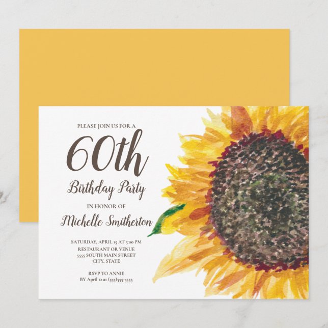 Sunflower Watercolor Floral White 60th Birthday Invitation (Front/Back)