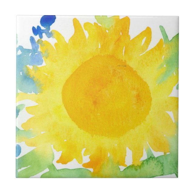 Sunflower Watercolor Flower Royal Blue Snapdragon Ceramic Tile (Front)