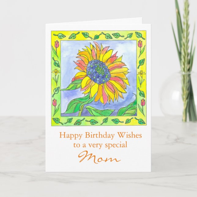 Sunflower Watercolor Flowers Happy Birthday Mom Card (Front)