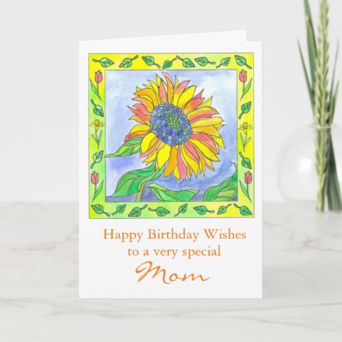 Sunflower Watercolor Flowers Happy Birthday Mom Card