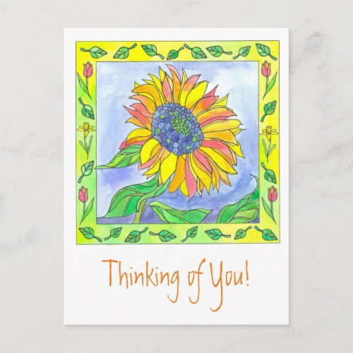 Sunflower Watercolor Flowers Thinking of You Postcard