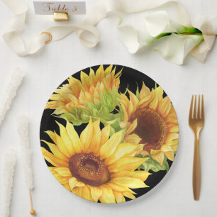 Sunflower Watercolor Flowers Yellow Black Paper Pl Plates