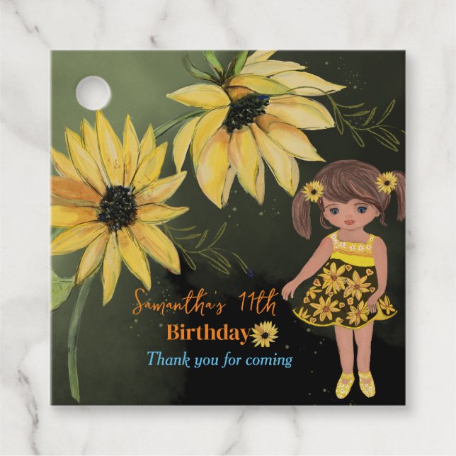  Sunflower Watercolor Girl Black Birthday Favor Tags (Front)
