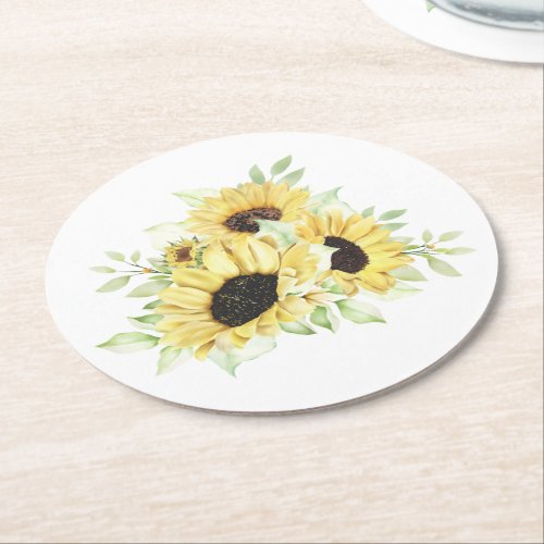  Sunflower Watercolor Green Yellow Floral Round Paper Coaster