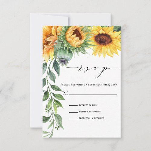 Sunflower Watercolor Modern Botanical RSVP Card - Are you using sunflowers in your bouquet or in your centerpiece decorations? Then you will love these modern watercolor sunflower wedding response cards! The card features a watercolor sunflower cascade on the left and a modern font layout with hand-lettering. These are great for your country weddings, fall weddings, rustic weddings, and anyone who absolutely loves sunflowers.